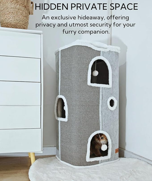 4-Level Cat House for Indoor Cats, Large Adult Cat Peekaboo Cave Bed Cats Cube Houses with Scratch Pad Cat Towers Cute Kitten Condo Hideaway Hut for Multi Pets Under 55 lbs Light Grey - PAWPICO