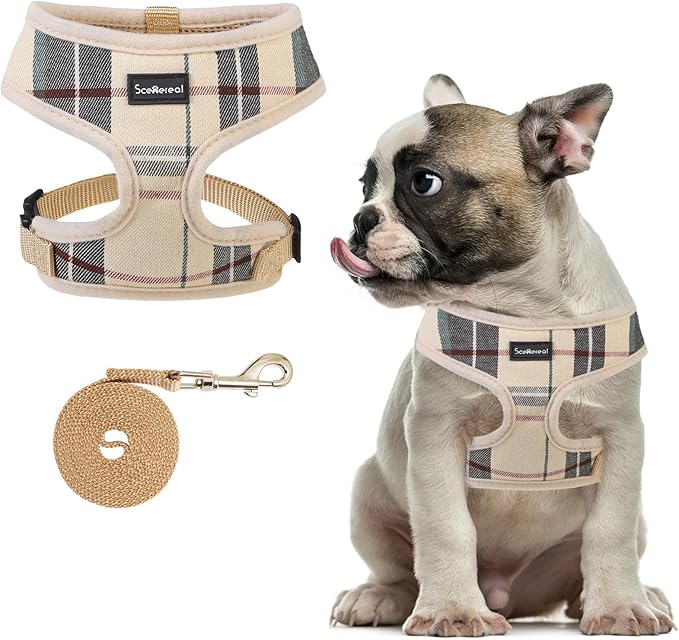 SCENEREAL Puppy Dog Harness with Leash Set for Small Medium Sized Dogs, Soft Mesh Step in Pet Harnesses and Leash, No Chock Plaid Adjustible No Pull Vest for Dogs Cats, Chihuahua,Bulldog (Beige M) SCENEREAL