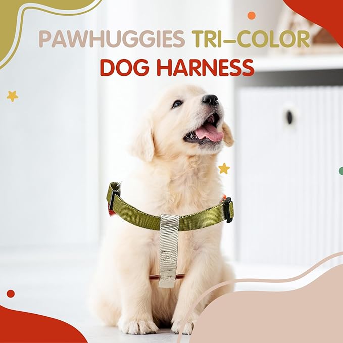 Tri-Color Dog Harness, Adjustable, No Pull, Easy Walk, Large, Red/Yellow/White Pawhuggies
