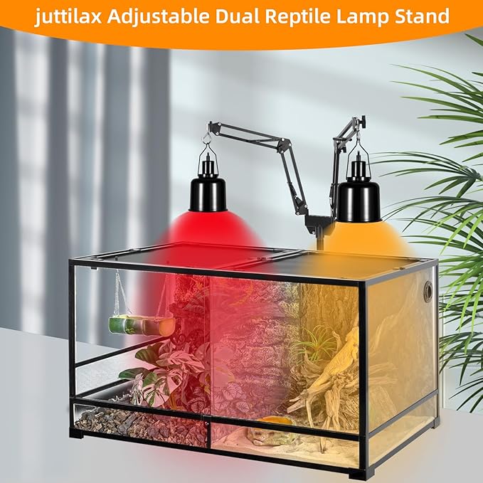 Dual Reptile Lamp Stand Reptile Heat Lamp Stand, Adjustable Reptile Light Stand (15.7-74.3inch) with 360°Swing Arm and Anti-tip Clip,Reptile Lamp Holder for Reptile Tank and Amphibians Cage PAWPICO