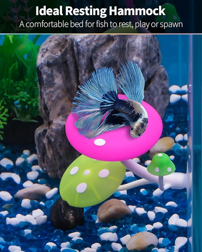 Uniclife Betta Mushroom Hammock Soft Aquarium Rest Bed Fish Breeding Playing Pad with Suction Cup Silicone Ornament Decoration Colorful Lifelike Decor for Fish Tank Landscape, 2 Pack UnicLife