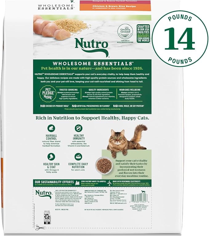 NUTRO WHOLESOME ESSENTIALS Adult Hairball Control Natural Dry Cat Food Farm-Raised Chicken & Brown Rice Recipe, 14 lb. Bag - PAWPICO