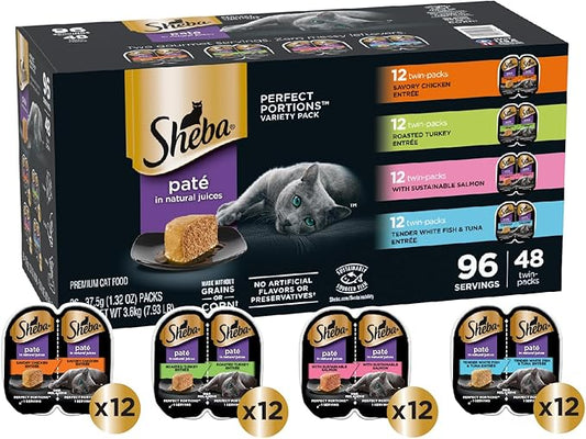 Sheba Perfect Portions Paté Wet Cat Food Variety Pack, Savory Chicken Entrée, Roasted Turkey Entrée, With Sustainable Salmon, and Tender White Fish & Tuna Entrée, 2.6 oz. Trays (48 Count, 96 Servings) - PAWPICO