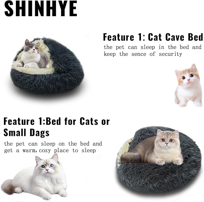 ShinHye Cat Bed Round Plush Fluffy Hooded Cat Bed Cave, Cozy for Indoor Cats or Small Dog beds, Soothing Pet Beds Doughnut Calm Anti-nxiety Dog Bed - Waterproof Bottom Washable (20×20inch, Dark Grey) - PAWPICO