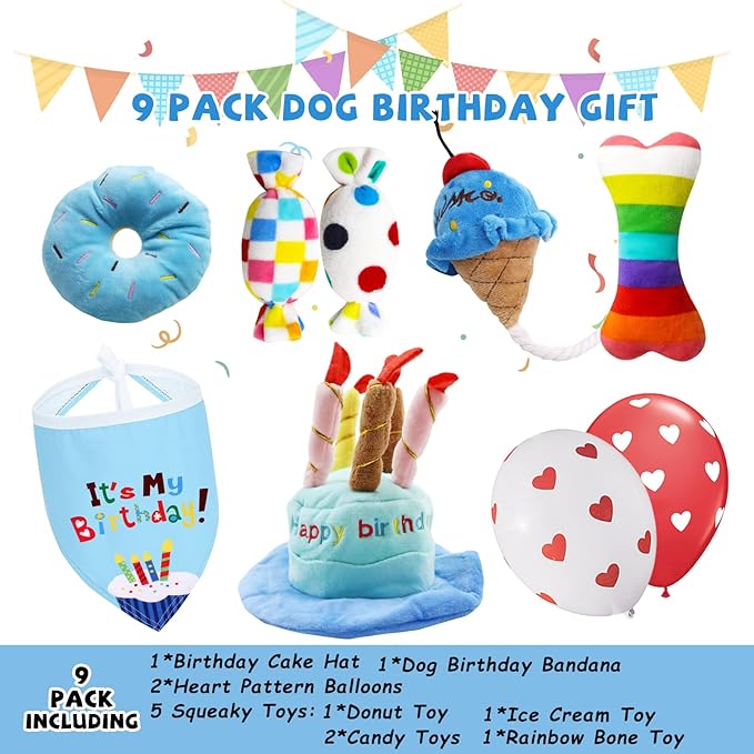 Dog Birthday Toy Set, 9Pcs Plush Pet Toy for Small Dogs, Includes Squeaky Cake Hat, Bandana, Dessert Themed Toys, Balloons, for Dog Birthday Party - PAWPICO