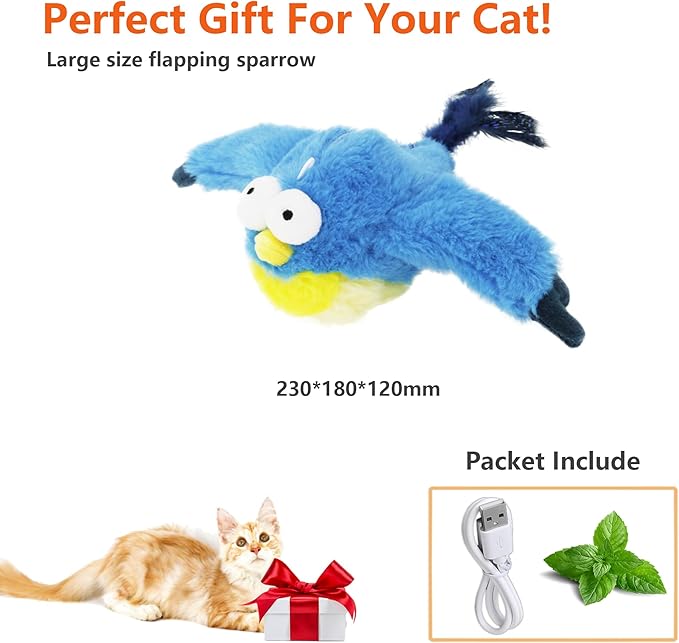 Flapping Bird Cat Toy, Rechargeable Lifelike Interactive Bird Cat Toys for Indoor Cats, Flapping Wings & Lively Chirping, Automatic Catnip Toys for Kitten Self Play Touch Activated (Sparrow) - PAWPICO