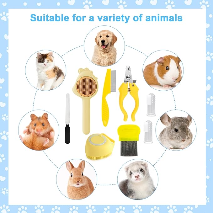 VCZONE 8 Pcs Cat Brush Grooming Kits, Pet Self Cleaning Kit with Pet Nail Clipper and File, Flea Comb, Pet Shampoo Bath Brush, Pet Shedding Brush, Silicone Toothbrush (Yellow) - PAWPICO