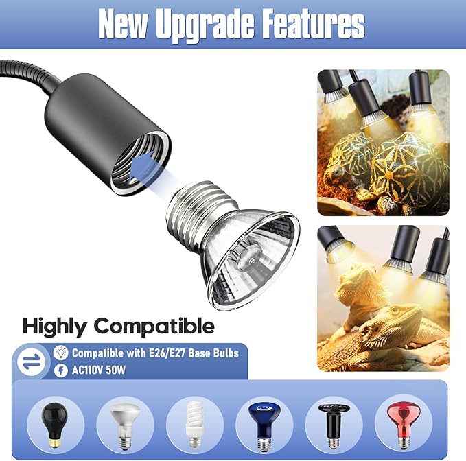 Reptile Heat Lamp, Three Head Reptile Light with Cycle Timer,UVA UVB Light, dimmable Basking lamp for Tortoise, Bearded Dragon, Lizard, Snake, E26/27 Base with 4 Bulbs (50W)-Black TFNN