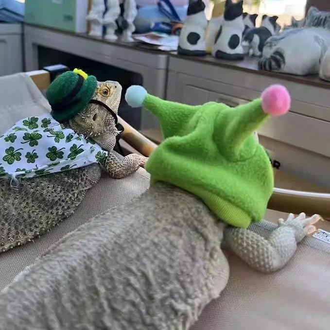 Bearded Dragon Hat - Winter Warm Lizard Cap with Horns & Pom Pom Ball Fun Halloween Outfit Bull Costume Elastic Headwear Accessories Anxiety Relief Ear Muffs for Reptile Fancy Rat Ferret (Green) SEZDEKI