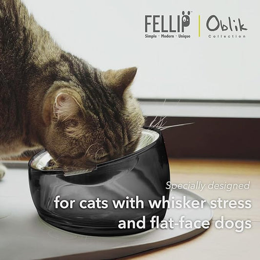 Felli Pet Oblik Whisker Fatigue Cat Food Bowl Raised Stainless Steel Shallow Dish, Pet Friendly Design Anti Vomit Tilted Metal Plate Feeder Elevated Acrylic Base for Treats Storage (0.5 Cups, Smoky) - PAWPICO