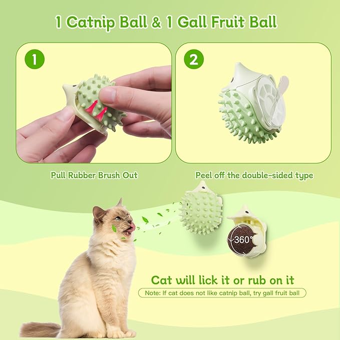 SEVENKA 2 PCS Catnip Toys Self-Grooming Cat Brush with Catnip Ball & Gall Fruit, Kitty Kitten Scratcher Self Groomer Cat Toys for Indoor Cats Lick, Chew Toys Corner Brushes Edible Wall Treats - PAWPICO