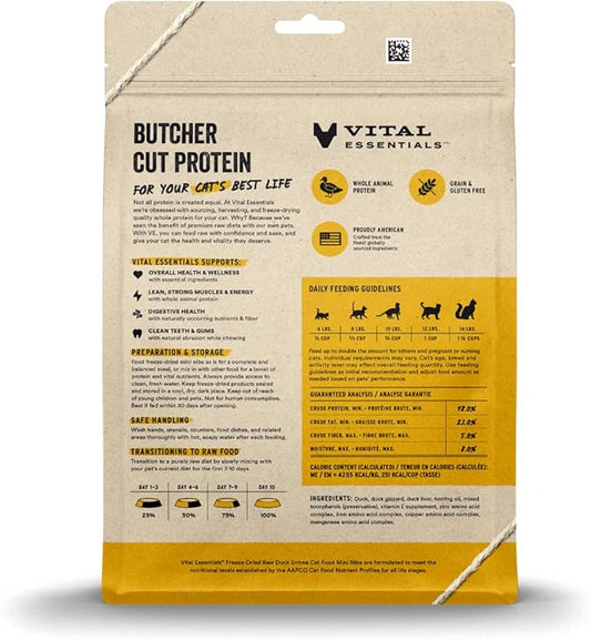 Vital Essentials Freeze Dried Raw Cat Food, Duck Mini Nibs Entree, 12 oz VitalEssentials