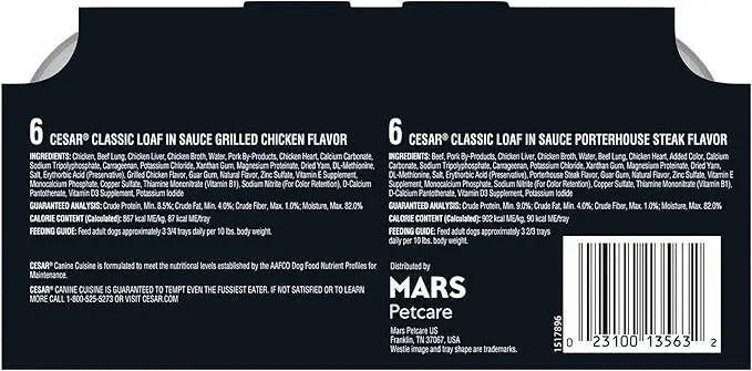 CESAR BACKYARD COOKOUT Adult Wet Dog Food Classic Loaf in Sauce Variety Pack, Grilled Chicken and Porterhouse Steak Flavors, (12) 3.5 oz. Easy Peel Trays - PAWPICO