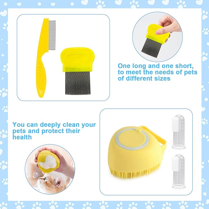 VCZONE 8 Pcs Cat Brush Grooming Kits, Pet Self Cleaning Kit with Pet Nail Clipper and File, Flea Comb, Pet Shampoo Bath Brush, Pet Shedding Brush, Silicone Toothbrush (Yellow) - PAWPICO