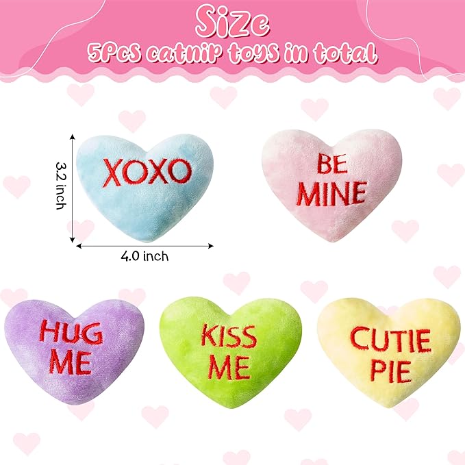 MALLMALL6 5Pcs Valentine’s Day Conversation Heart Catnip Toys Gift for Cat, Indoor Cat Chew Bite Kick Plush Candy Catmint Pet Toys for Cat Lover Gifts, Cute Interactive Cat Toy with for Pet Presents - PAWPICO