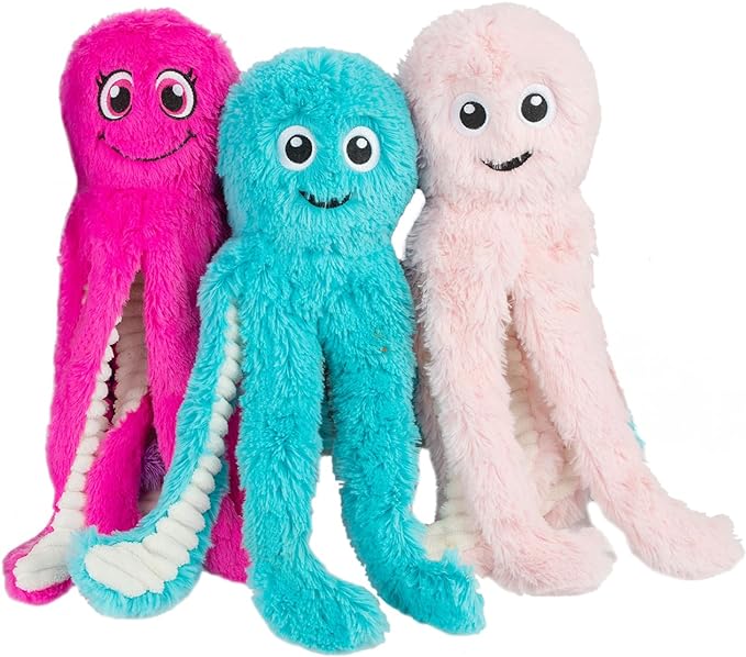 Best Pet Supplies OctoMutant Crinkle Plush Dog Toys for Interactive Play, Puppy and Senior Indoor Play, Soft Head Stuffing, Cute and Cuddly - Bundle (Fuchsia, Purple, Turquoise) - PAWPICO