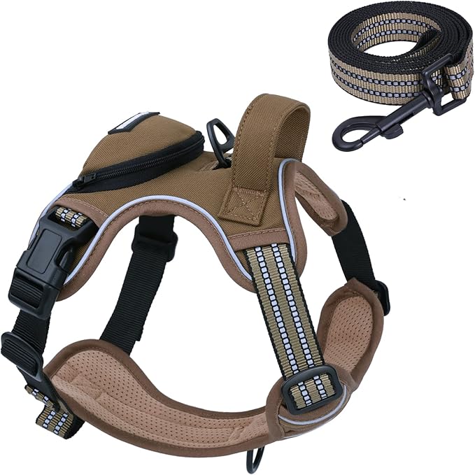 No Pull Dog Harness for Large Dogs, Adjustable No Choke Pet Vest with Dog Leash Fit Smart Reflective Pet Walking Harness for Training Easy Control Soft Handle Brown L BUMBIN