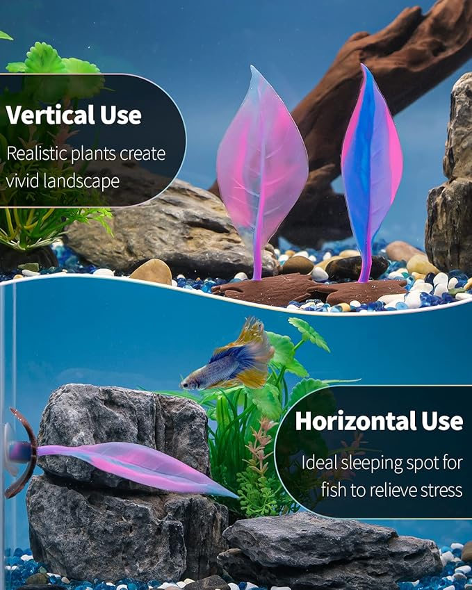 Uniclife Betta Leaf Hammock Soft Aquarium Rest Bed Fish Breeding Playing Pad with Suction Cup and Lifelike Bark Ornament Colorful Silicone Decoration for Fish Tank Landscape, 2 Pack UnicLife