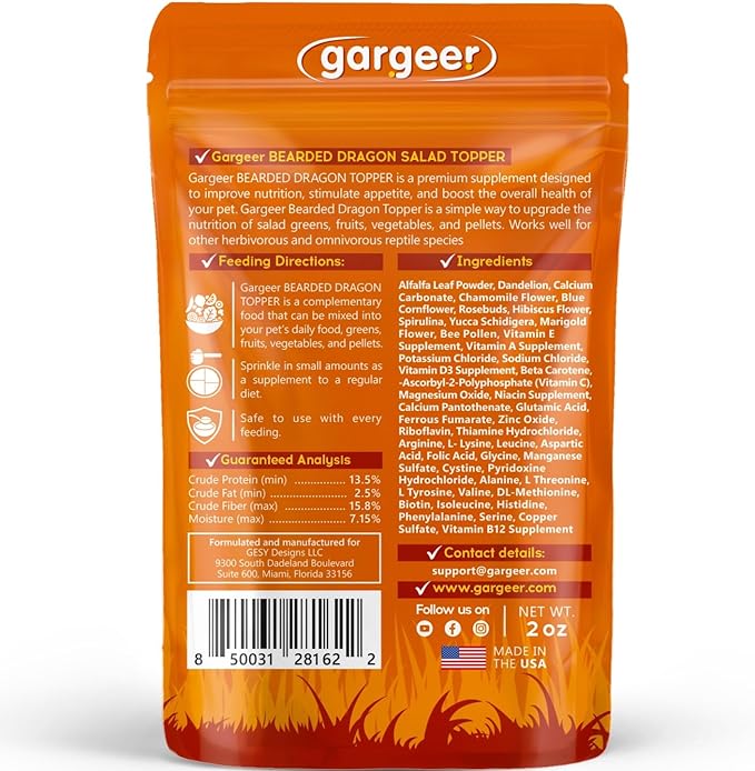 2oz Bearded Dragon Food Supplement, Flower Salad Mix Topper. Supercharge Juveniles & Adults Appetite, Health & Immune System. Complete Diet, Rich with Vitamins, Made in The USA. Enjoy! Gargeer