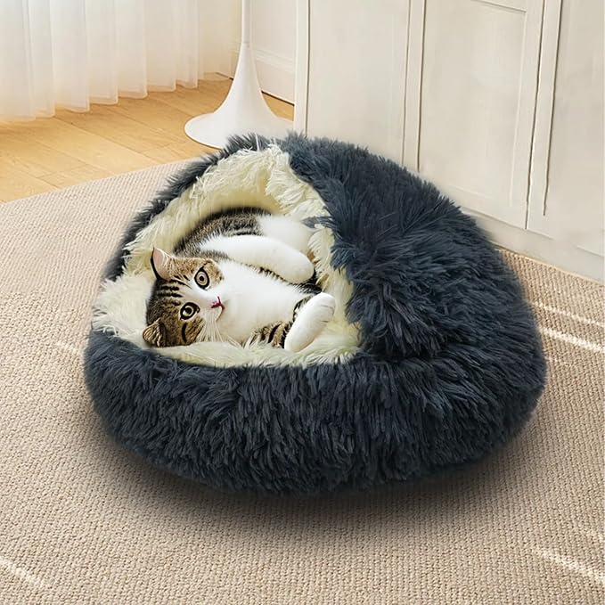 ShinHye Cat Bed Round Plush Fluffy Hooded Cat Bed Cave, Cozy for Indoor Cats or Small Dog beds, Soothing Pet Beds Doughnut Calm Anti-nxiety Dog Bed - Waterproof Bottom Washable (20×20inch, Dark Grey) - PAWPICO