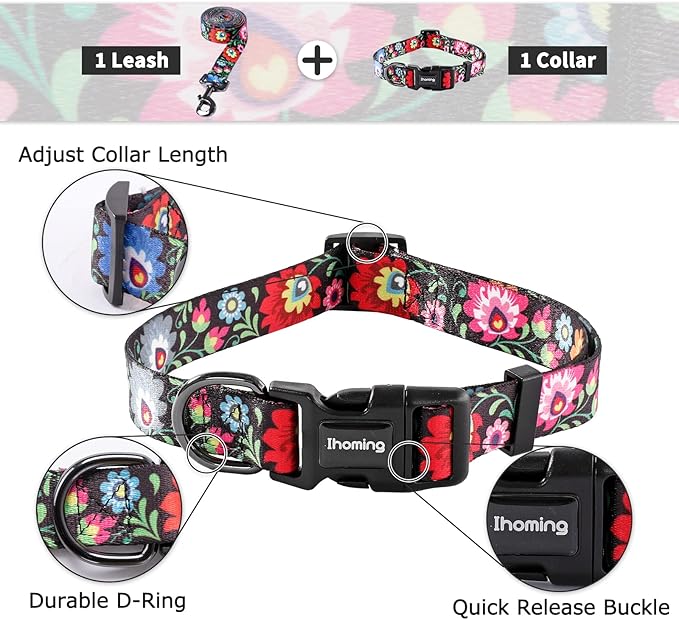 Ihoming Dog Collar and Leash Set for Daily Outdoor Walking Running Training, Black Colorful Flowers Design for Medium Boys Girls Dogs Cats Pets, M-Up to 45LBS Ihoming