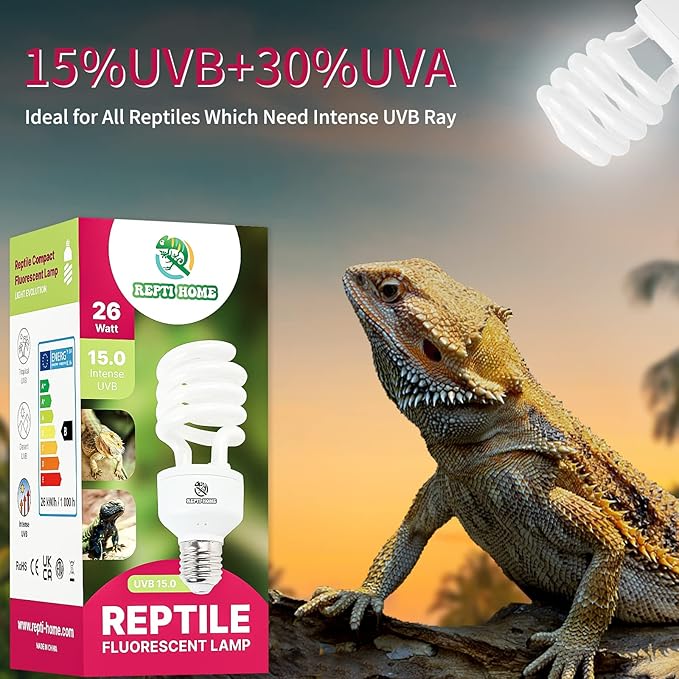 UVB Reptile Light 15.0, 26W Intense UVA UVB Bulb for Reptiles, Terrarium Compact Fluorescent Lamp, Reptile UVB Light Bulb for Desert Reptiles & Amphibians REPTIHOME