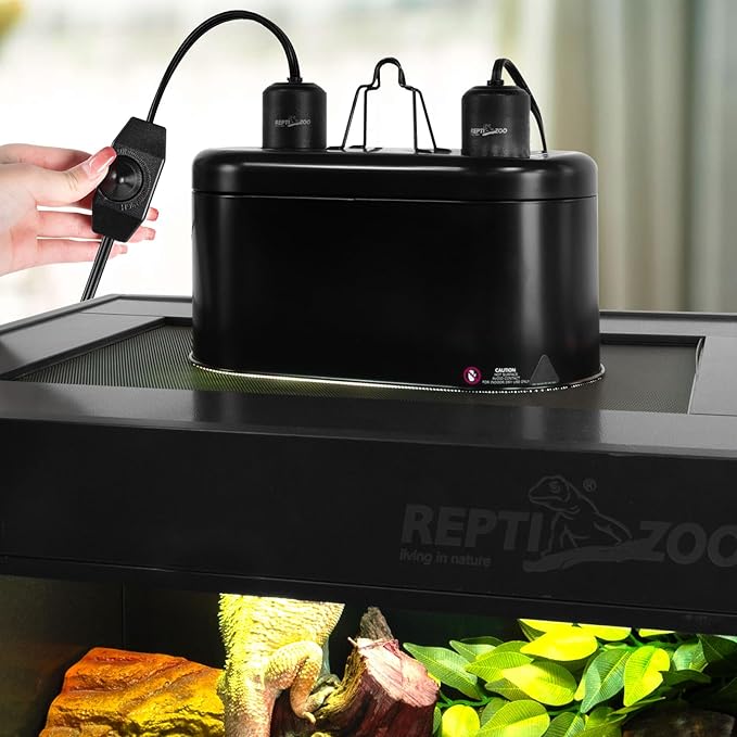 REPTI ZOO Dual Reptile Light Fixture with Dimming, Deep Dome Reptile Heat Lamp Fixture, UVB Light Dual Fixture Lamp Cap for Reptile Terrarium Tank REPTIZOO