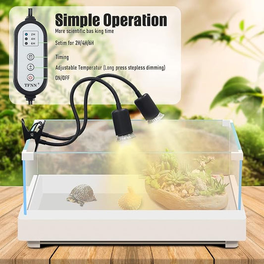 Reptile Heat Lamp, Double-Head Heat Lamp with Clamp, UVA UVB Reptile Light with Intelligent Cycle Timer for Turtle, Bearded Dragon, Lizard and More, 2 Bulbs 25W+50W TFNN