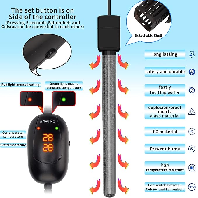 HiTauing Aquarium Heater, 50W/100W/200W/300W/500W Submersible Fish Tank Heater with Over-Temperature Protection and Automatic Power-Off When Leaving Water for Saltwater and Freshwater HiTauing