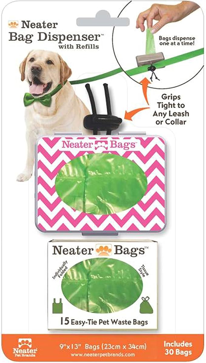 Neater Pets Neater Bags - Dog Waste Poop Bags - Dispense One at a Time Like Tissues - No Rolls to Fuss With - Easy-Tie Handles - Dispenser Attaches to any Leash (210 Bags, Chevron Pink) - PAWPICO