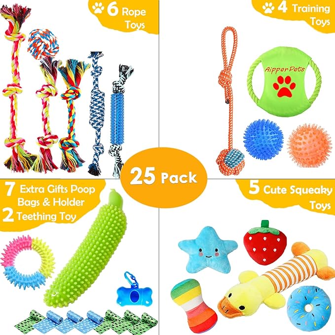 Dog Puppy Toys 25 Pack,Puppy Chew Toys for Fun and Teeth Cleaning,Dog Squeak Plush Toys, Squeaky Toy Balls, Tug of War Toys, Puppy Teething Toys, Dog Rope Toys Pack for Puppy to Small Dogs - PAWPICO