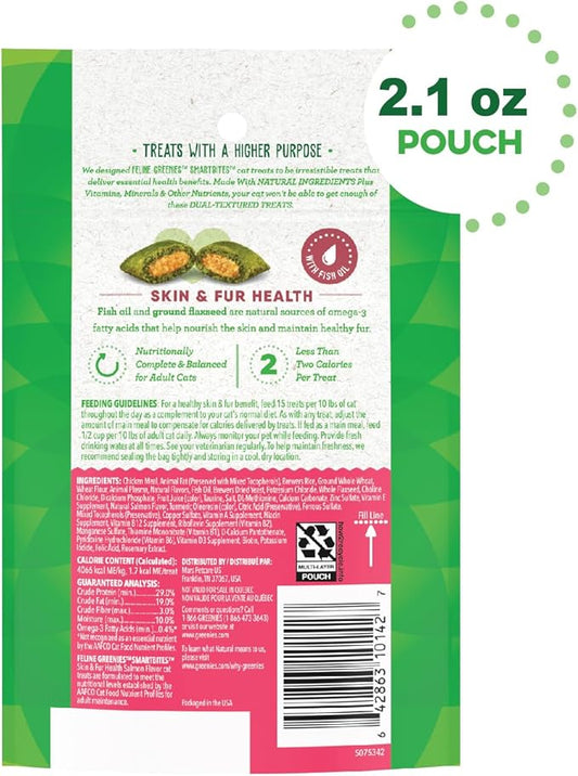 Greenies Feline Smartbites Skin & Fur Crunchy and Soft Natural Cat Treats, Salmon Flavor, 2.1 oz. Pack GREENIES