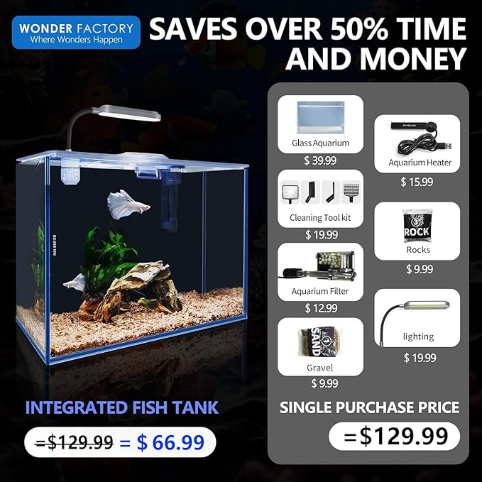 3 Gallon Betta Fish Tank Small Aquarium Starter Kit, with Heater Self Cleaning System Efficiency Filter Bright Light Rocks Gravel Cleaning Tool Set, HD Float Complete Glass Leak-Proof Gift Present WONDERFACTORY