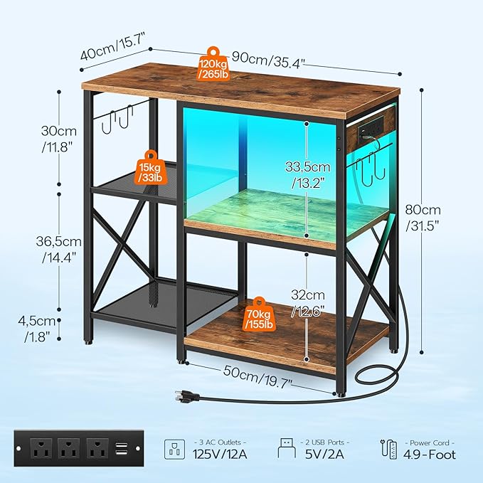 HOOBRO 20-29-37 Gallon Fish Tank Stand with Power Outlets and LED Light, Aquarium Stand with Storage Shelves, 35.4" L x 15.7" W, Reptile Tank Stand with Stable Metal Frame, Rustic Brown BF80UDFT01 HOOBRO