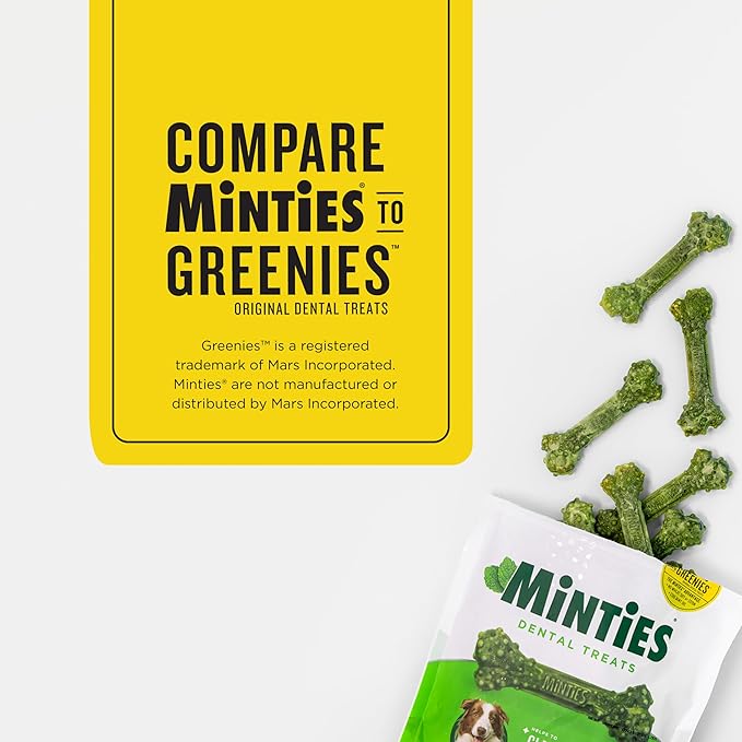 Minties Dental Chews for Dogs, 60 Count, Vet-Recommended Mint-Flavored Dental Treats for Medium Dogs 25-50 lbs, Dental Bones Clean Teeth, Fight Bad Breath, and Removes Plaque and Tartar Minties