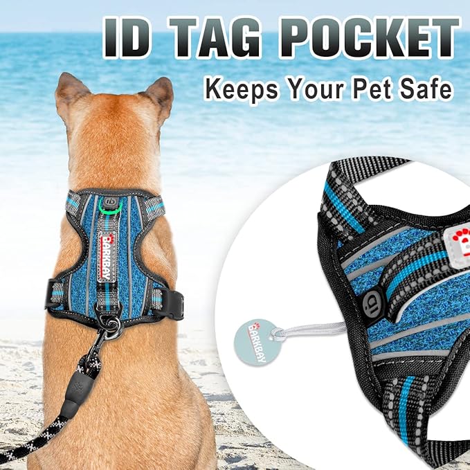 BARKBAY No Pull Dog Harness Large Reflective Dog Harness with Front Clip and Easy Control Handle for Walking Training Running with ID tag Pocket(Blue/Black,L) BARKBAY