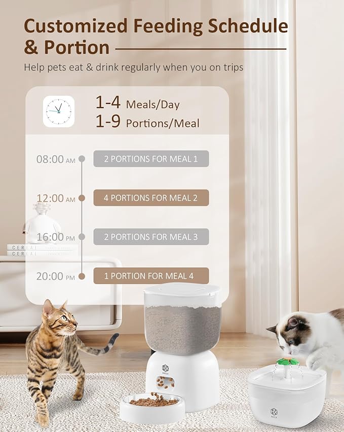Automatic Cat Feeder and Water Dispenser Set with Pet Food Bowl Timer, Dual Power Supply, Programmable Portion Size, Auto Pet Feeder for Cats and Small Dogs, Voice Recorder, White - PAWPICO