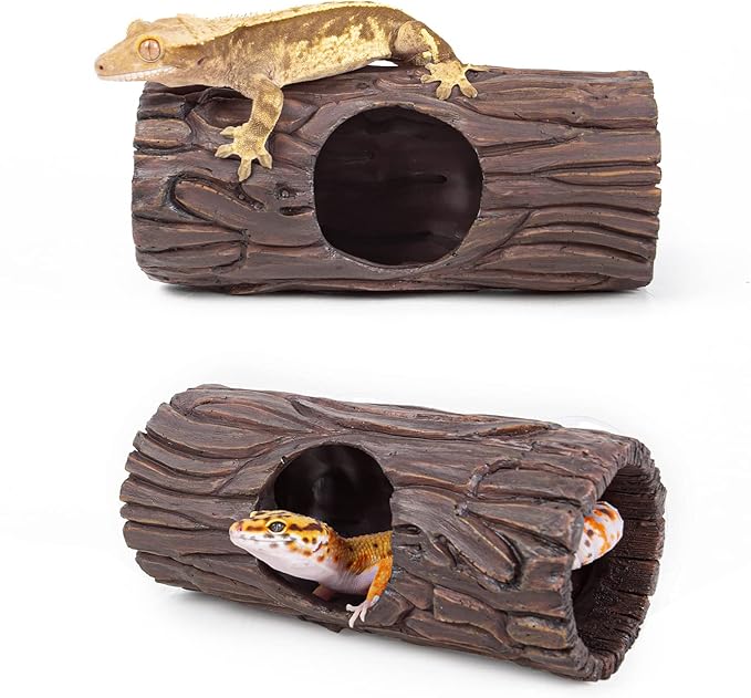 REPTIZOO Reptile Hide Cave Resin Hollow Tree Trunk Hideout Hermit Crab Climbing Toys Reptile Shelter Sleeping Cave for Arboreal Reptiles, Hermit Crabs, Leopard Gecko, Lizard Terrarium Decor REPTIZOO