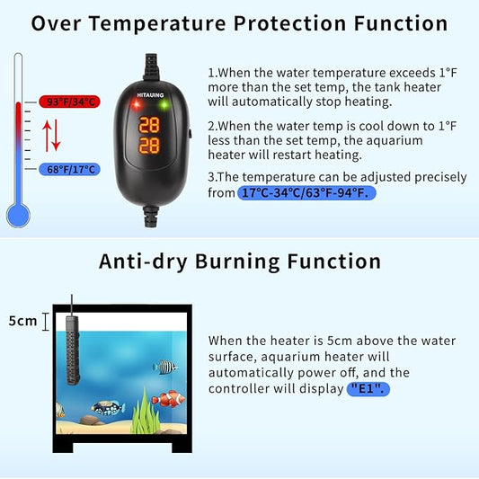 HiTauing Aquarium Heater, 50W/100W/200W/300W/500W Submersible Fish Tank Heater with Over-Temperature Protection and Automatic Power-Off When Leaving Water for Saltwater and Freshwater HiTauing