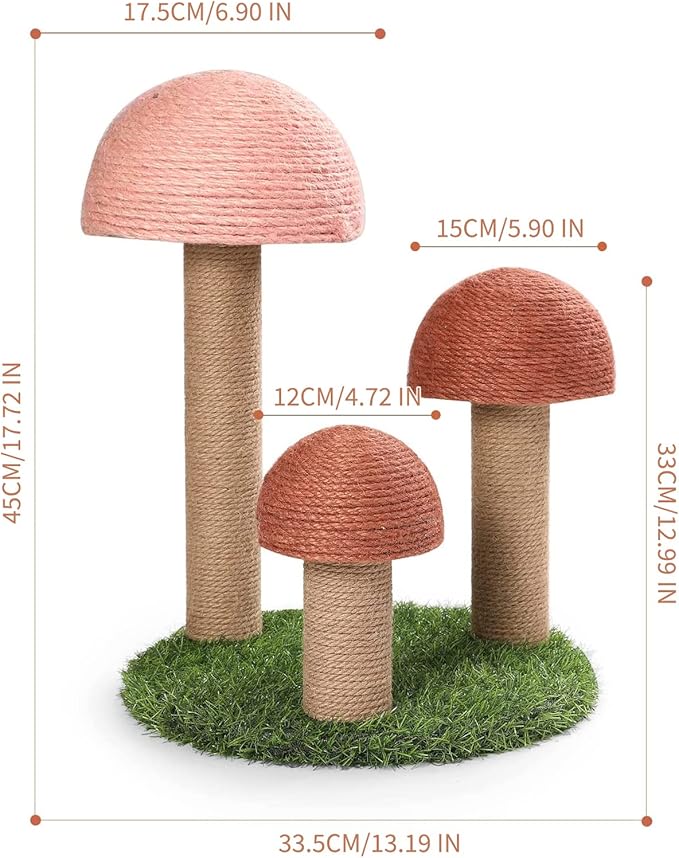 PowerKing Cat Scratching Post, Mushroom Claw Scratching Post for Cat, Natural Sisal Cat Scratchers with 3 Mushroom Pole, Cat Interactive Toys - PAWPICO