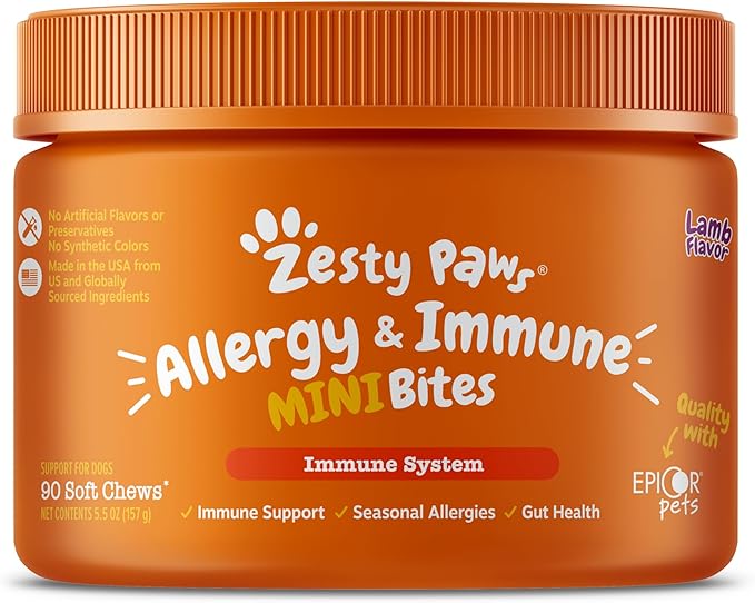 Zesty Paws Dog Allergy Relief - Anti Itch Supplement - Omega 3 Probiotics for Dogs - Digestive Health - Soft Chews for Skin & Seasonal Allergies - with Epicor Pets - Mini - Lamb - 90 Count ZestyPaws