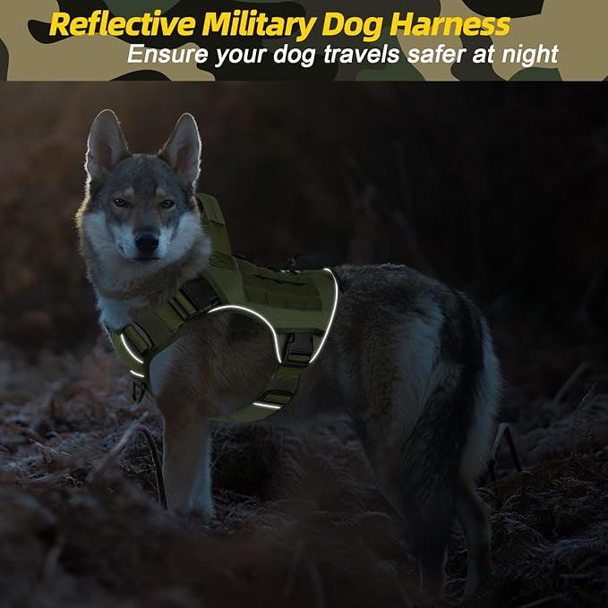 WINGOIN Tactical Dog Harness for Extra Large Dogs, Heavy Duty No Pull Dog Harness with Handle, Adjustable Reflective Military K9 German Shepherd Big Dog Vest for Training, Walking, Green (XXL) - PAWPICO