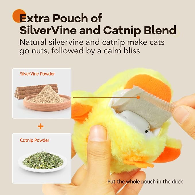 Potaroma Cat Toys Rechargeable Flapping Duck with SilverVine Catnip, Lifelike Quack Chirping, Touch Activated Kitten Kicker Plush Interactive Exercise Toys for All Breeds - PAWPICO