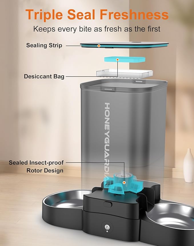 HoneyGuaridan 5L Automatic Cat Feeder for Two Cats, 2.4G WiFi Enabled Smart Feed Pet Feeder with Stainless Steel Bowl,APP Control Dispenser, Dual Power Supply,10s Meal Call Black - PAWPICO