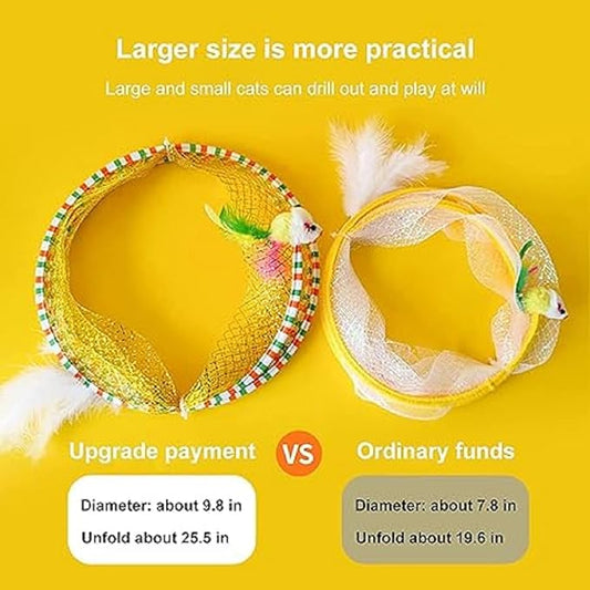 Folded Cat Tunnel Toy for Indoor Cats, 2 PCS Collapsible Pet Spring Cat Toys with Feather Mouse Upgrade Interactive Toy Playing Tent for Puppy Kitten Accessories Home - PAWPICO