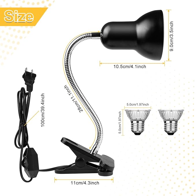 Dallfoll Reptile Heat Lamps, Turtle Lamp UVA/UVB Turtle Aquarium Tank Heating Lamps with Clamp, 360°Rotatable Basking Lamp for Reptiles Lizard Turtle Snake with 2 Heat Bulbs (Heat Lamp 25w/50w Bulb) Dallfoll