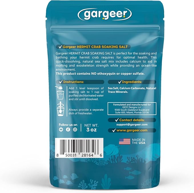 Hermit Crab Soaking Salt, Ocean-Like Environment, Includes Calcium and Trace Minerals, No additives or Harmful Ingredients. for Optimal Health and Well-Being. Made in The USA. Enjoy ! Gargeer