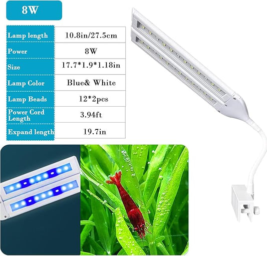 LED Aquarium Light Full Spectrum Clip Fish Tank Light Plants Light 360° Adjustable 2 Light Bar Super-Bright 8W Suitable for 20-40 Gal Fish Tank PUEUTU