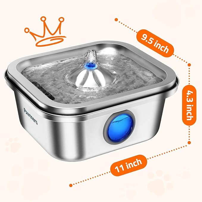Cat Water Fountain Stainless Steel, 4L/135oz Cat Fountain, Automatic Dog Drinking Dispenser with Water Level Window, 10 Filters, Metal Pet Water Bowl Indoor, Quiet Pump, Easy Cleaning - PAWPICO