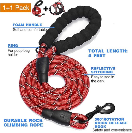tobeDRI No Pull Dog Harness Adjustable Reflective Oxford Easy Control Medium Large Dog Harness with A Free Heavy Duty 5ft Dog Leash (S (Neck: 13"-18", Chest: 17.5"-22"), Red Harness+Leash) - PAWPICO